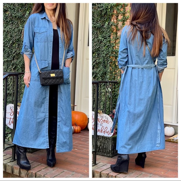 Paris fashion chic jean belted shirt Maxi dress - Picture 10 of 11